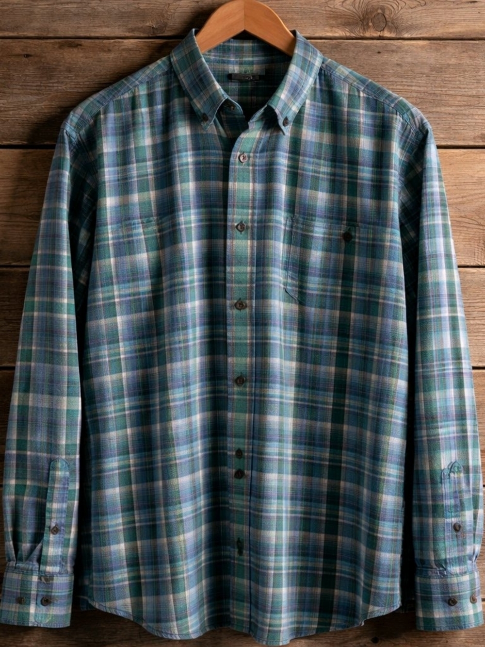 Wrangler Teal and Navy Plaid Button-Down Shirt